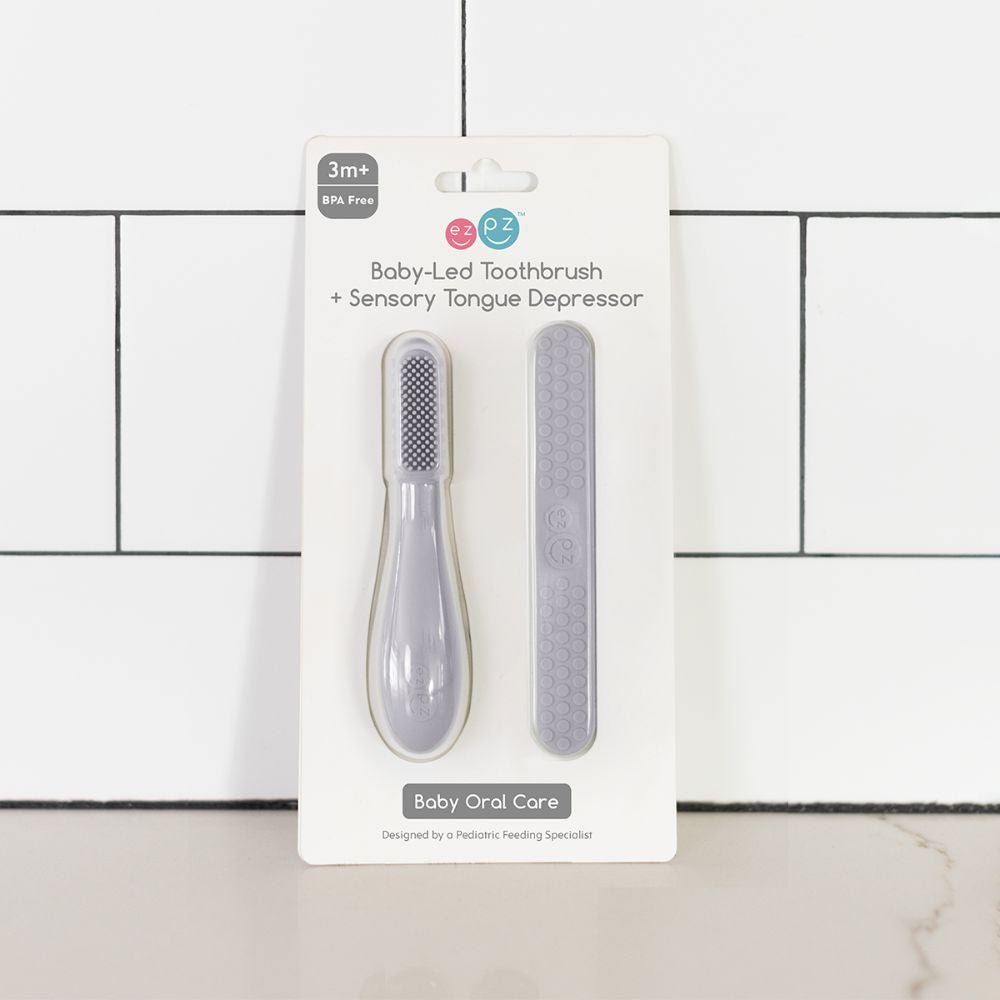 ezpz Baby-Led™ Toothbrush + Sensory Tongue Depressor Dual Pack in Pewter Hip Mommies