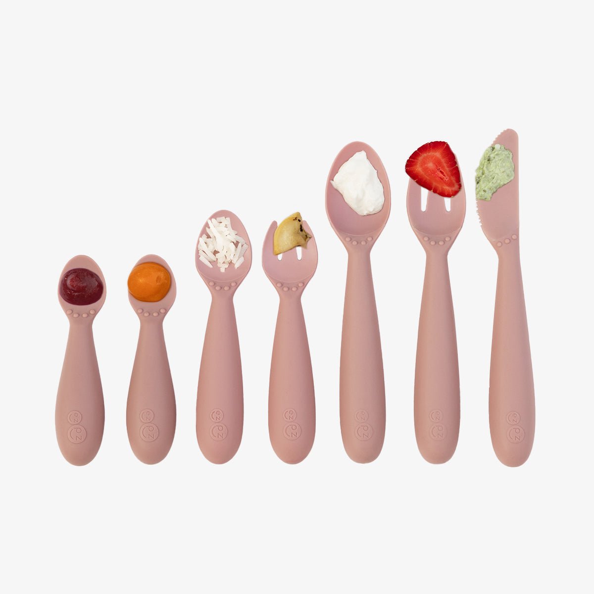 ezpz Developmental Utensil Set in Blush Hip Mommies