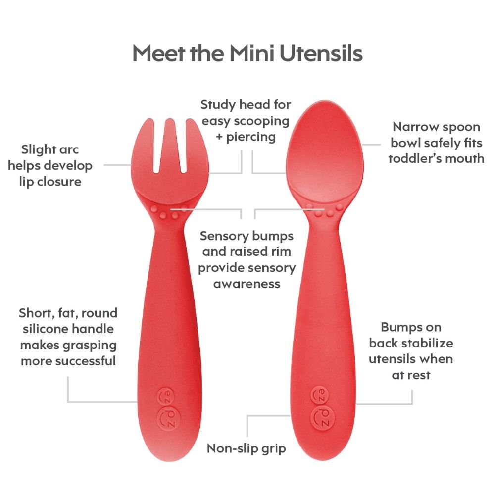 ezpz Mini Utensils (Fork + Spoon) in Coral Hip Mommies