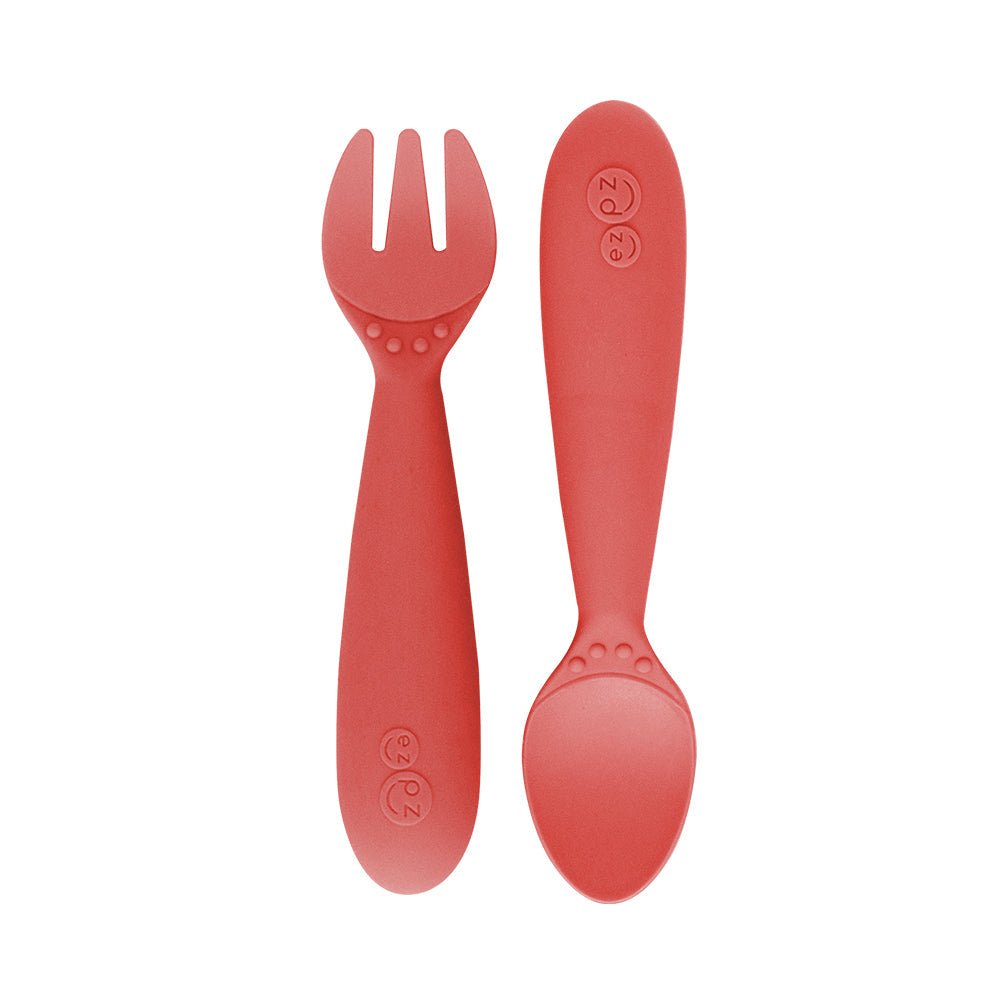 ezpz Mini Utensils (Fork + Spoon) in Coral Hip Mommies