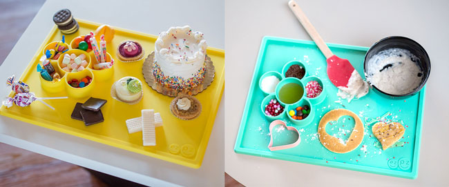 cake decorating station using a ezpz Play Mat in lemon and a pancake topping bar with ezpz Play Mat in mint