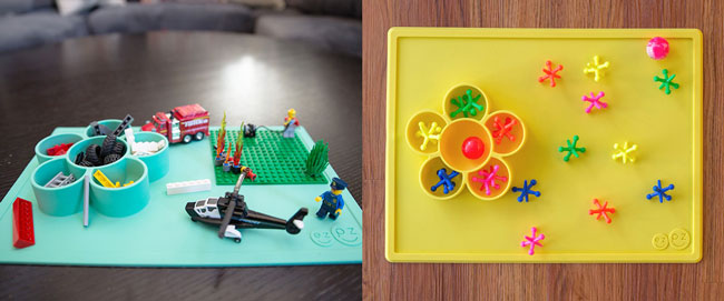 ezpz flower Play Mat in mint with lego and ezpz Play Mat in lemon with jacks