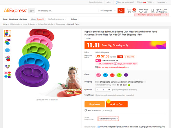 Aliexpress Listing showing counterfeit baby products and a photo of our child